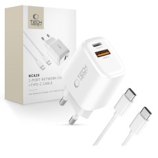 Tech-Protect NCA20 Travel charger 1xUSB / 1xType-C socket QC 3.0 / PD 20W with Type-C to Type-C Cable - Balts - Ātrs tīkla lādētājs ar Type-C uz Type-C vadu