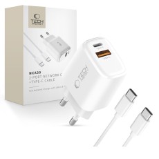 Tech-Protect NCA30 Travel charger 1xUSB / 1xType-C socket QC 3.0 / PD 30W with Type-C to Type-C Cable - Balts - Ātrs tīkla lādētājs ar Type-C uz Type-C vadu