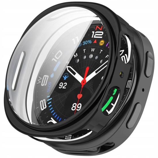 Tech-Protect Defense Case with Tempered Glass priekš Samsung Galaxy Watch 8 (44mm) - Melns - plastikāta apvalks viedpulksteņiem ar aizsargstiklu