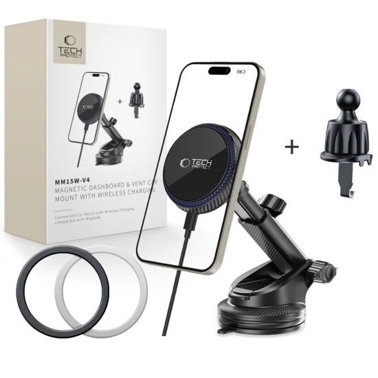 Tech-Protect MagSafe Wireless Charger 15W Phone holder on Air Vent / Dashboard - Melns - Universāls stiprinājums uz automašīnas paneļa vai ventilācijas režģa