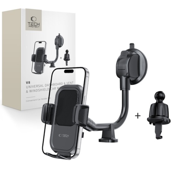 Tech-Protect V8 Universal Long Arm Air Vent / Dashboard Car Holder - Melns - Universāls stiprinājums turētājs auto ventilācijas režģa vai paneļa