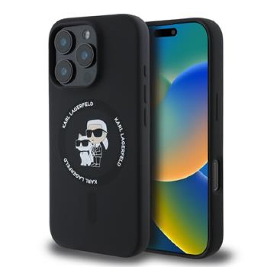 Karl Lagerfeld Silicone Karl and Choupette MagSafe series Back Case KLHMP16LSCMKCRHK priekš Apple iPhone 16 Pro - Melns - silikona aizmugures apvalks / bampers-vāciņš