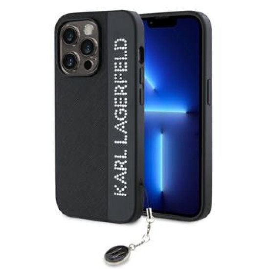 Karl Lagerfeld PU Saffiano Rhinestone Charm series Back Case KLHCP14XPSAKDGCK priekš Apple iPhone 14 Pro Max - Melns - mākslīgās ādas aizmugures apvalks / bampers-vāciņš