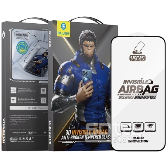 Mr. Monkey 5D Airbag Anti-Broken Full Glue Tempered Glass protector priekš Apple iPhone 17 Pro - Melns - Ekrāna Aizsargstikls / Bruņota Stikla Aizsargplēve (Full screen size curved)