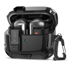 Tech-Protect Carbonox MagSafe Case priekš Samsung Galaxy Buds 3 / Buds 3 Pro - Melns - silikona-plastikāta apvalks bezvadu austiņu lādēšanas ierīcei ar karabīni