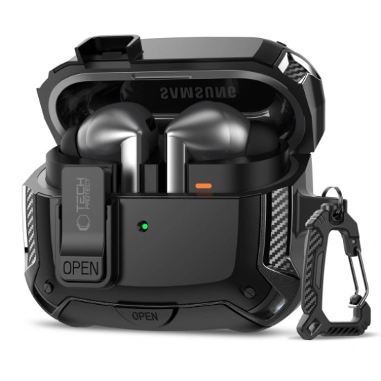 Tech-Protect Carbonox MagSafe Case priekš Samsung Galaxy Buds 3 / Buds 3 Pro - Melns - silikona-plastikāta apvalks bezvadu austiņu lādēšanas ierīcei ar karabīni