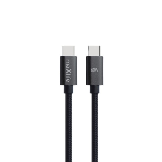 Maxlife 1M USB Type-C to Type-C 60W cable - Melns - USB-C lādēšanas un datu kabelis / vads