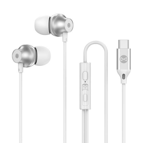Forever EP-02 Wired Stereo Earphones with Remote and Mic USB Type-C - Baltas - Universālas USB-C stereo austiņas ar mikrofonu un pulti