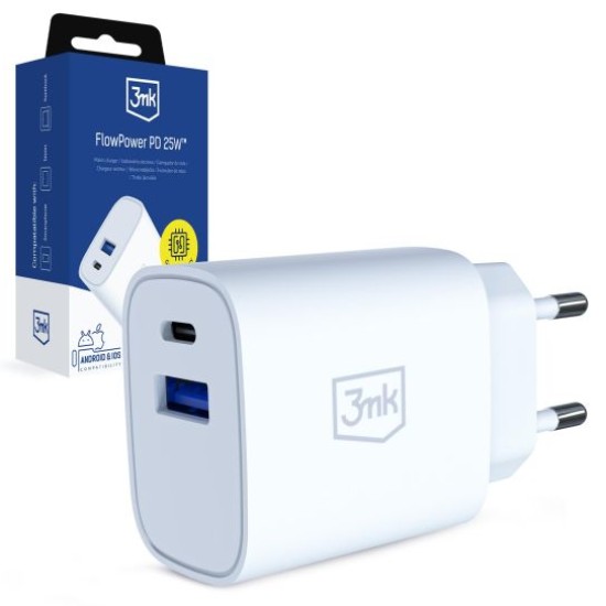 3MK FlowPower GaN Charger PD 3.0 25W Type-C / USB ligzda - Balts - ļoti ātrs USB-C un USB tīkla lādētājs