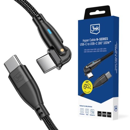 3MK 1M Hyper Cable PD 3.0 100W Fast Charging Type-C to Type-C cable - Melns - USB-C lādēšanas un datu kabelis / vads