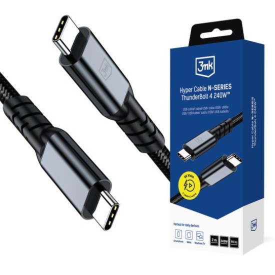 3MK 2M Hyper Cable ThunderBolt 4 40Gb/s / 8K60Hz PD 3.1 240W Fast Charging Type-C to Type-C cable - Melns - USB-C lādēšanas un datu kabelis / vads