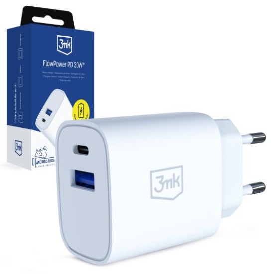 3MK FlowPower PD 3.0 / QC 4+ 30W Type-C / USB ligzda - Balts - ļoti ātrs tīkla lādētājs