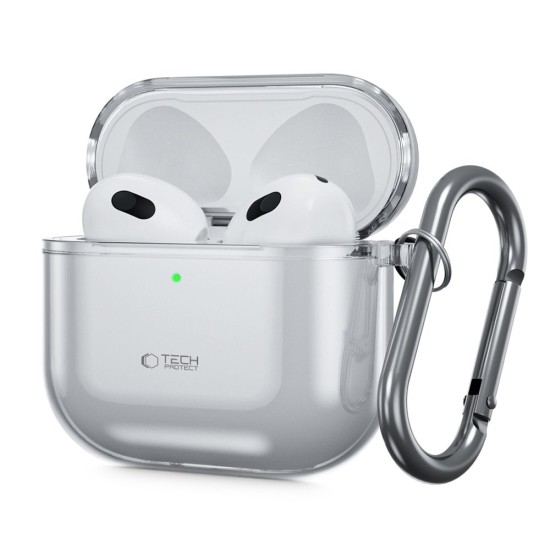 Tech-Protect FlexAir Case priekš Apple Airpods 4 - Caurspīdīgs / Pelēks - silikona apvalks bezvadu austiņu lādēšanas ierīcei ar karabīni