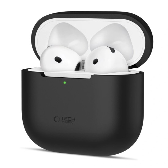 Tech-Protect Silicone Case priekš Apple Airpods 4 - Melns - silikona apvalks bezvadu austiņu lādēšanas ierīcei ar karabīni