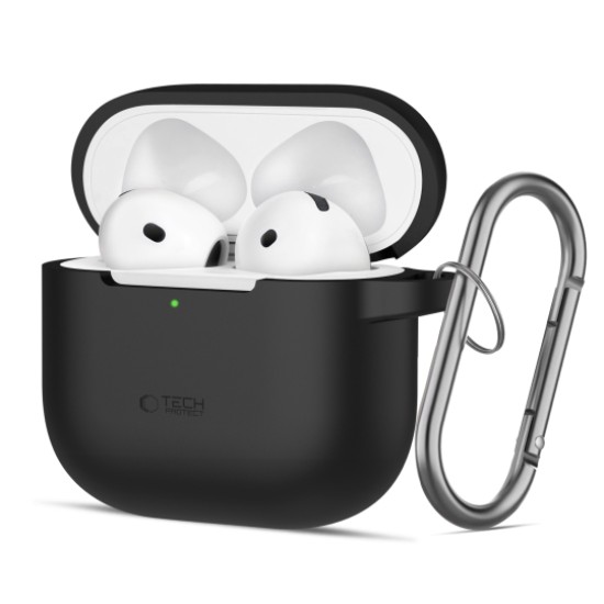 Tech-Protect Silicone Hook Case priekš Apple Airpods 4 - Melns - silikona apvalks bezvadu austiņu lādēšanas ierīcei ar karabīni