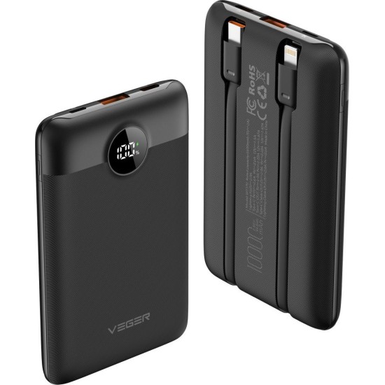 Veger 10000mAh QC 3.0 / PD 22.5W Power Bank with USB-C / Ligtning cable and LED display - Melns - Ārējas uzlādes batereja lādētājs-akumulators (Power Bank)