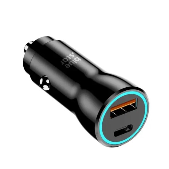 BlueStar Car Charger Type-C / USB ports QC 3.0 / PD 25W AFC PPS - Melns - USB un Type-C ātrs auto lādētājs telefoniem un planšetdatoriem