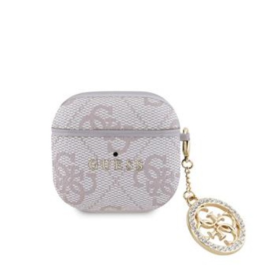 Guess GUA4P4E4CDP 4G Script PC/PU Charm Collection Case priekš Apple Airpods 4 - Rozā - mākslīgās ādas apvalks bezvadu austiņu lādēšanas ierīcei