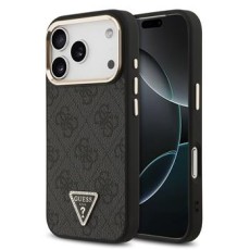 Guess PU Leather 4G Strass Triangle Logo Gold Frame MagSafe Collection Back Case GUHMP18LP4GTDGMK priekš Apple iPhone 17 Pro - Melns - mākslīgās ādas aizmugures apvalks / bampers-vāciņš