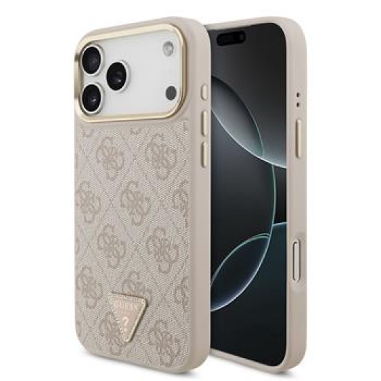 Guess PU Leather 4G Strass Triangle Logo Gold Frame MagSafe Collection Back Case GUHMP18XP4GTDGMP priekš Apple iPhone 17 Pro Max - Rozā - mākslīgās ādas aizmugures apvalks / bampers-vāciņš
