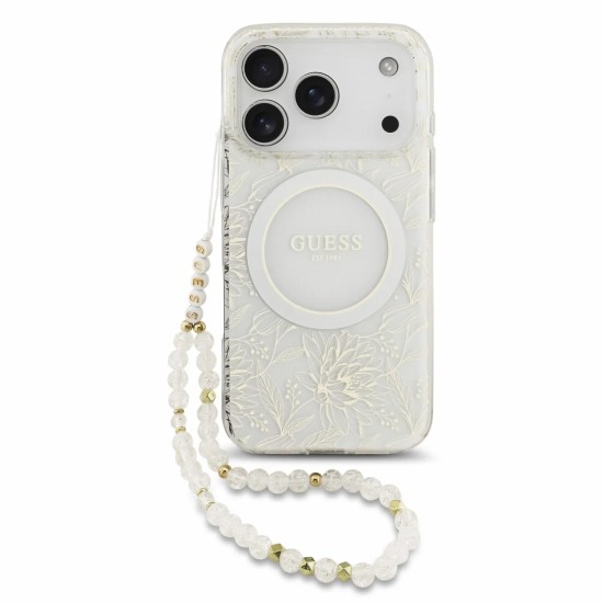 Guess IML Flowers Allover Strap MagSafe Collection Back Case GUHMP18LHCPOFPH priekš Apple iPhone 17 Pro / 18 Pro - Balts - silkona-plastikāta aizmugures apvalks ar auklu / bampers-vāciņš