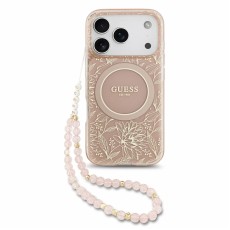 Guess IML Flowers Allover Strap MagSafe Collection Back Case GUHMP18LHCPOFPP priekš Apple iPhone 17 Pro / 18 Pro - Rozā - silkona-plastikāta aizmugures apvalks ar auklu / bampers-vāciņš