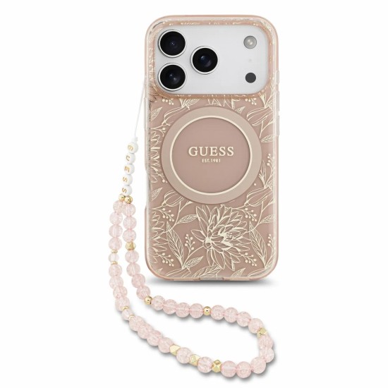 Guess IML Flowers Allover Strap MagSafe Collection Back Case GUHMP18LHCPOFPP priekš Apple iPhone 17 Pro / 18 Pro - Rozā - silkona-plastikāta aizmugures apvalks ar auklu / bampers-vāciņš