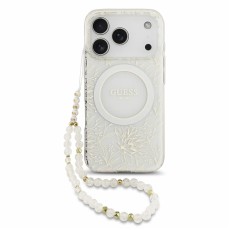 Guess IML Flowers Allover Strap MagSafe Collection Back Case GUHMP18XHCPOFPH priekš Apple iPhone 17 Pro Max / 18 Pro Max - Balts - silkona-plastikāta aizmugures apvalks ar auklu / bampers-vāciņš