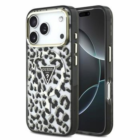 Guess IML Glitter Leopard Triangle Logo MagSafe Collection Back Case GUHMP18XHLEGTGLK для Apple iPhone 17 Pro Max / 18 Pro Max - Чёрный - чехол-накладка из силикона и пластика / бампер-крышка