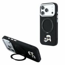 Karl Lagerfeld PU Grained K&CH Heads Ring Stand Magsafe series Back Case KLHMP18XPSRSKCHK priekš Apple iPhone 17 Pro Max / 18 Pro Max - Melns - mākslīgās ādas aizmugures apvalks / bampers-vāciņš