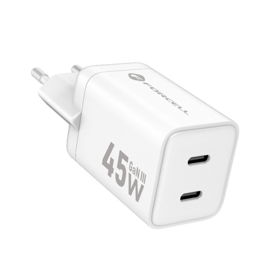 Forcell F-Energy Mini GaN III 45W PD 3A / QC 4.0 2xType-C Travel Charger - Белый - Быстрое сетевое зарядное устройство USB-C