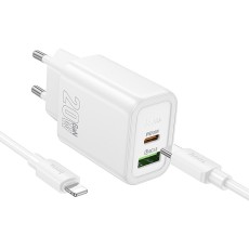 Hoco Travel charger USB / Type-C 3A QC 4.0 / PD 20W with Type-C to Lightning Cable - Balts - Ātrs tīkla lādētājs ar Type-C uz Lightning vadu
