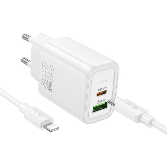 Hoco Travel charger USB / Type-C 3A QC 4.0 / PD 20W with Type-C to Lightning Cable - Balts - Ātrs tīkla lādētājs ar Type-C uz Lightning vadu
