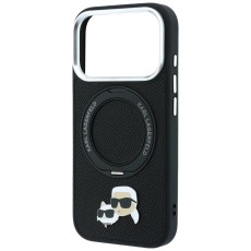Karl Lagerfeld PU Grained Semi Wrap K&CH Heads Ring Stand Magsafe Series Back Case KLHMP18LPSRSKCHK priekš Apple iPhone 17 Pro / 18 Pro - Melns - mākslīgās ādas aizmugures apvalks / bampers-vāciņš