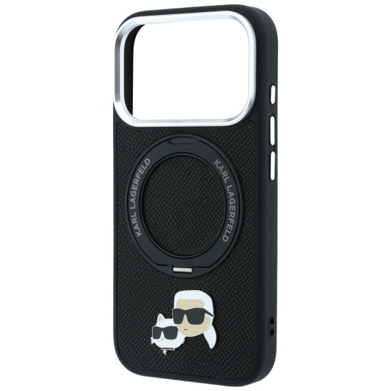 Karl Lagerfeld PU Grained Semi Wrap K&CH Heads Ring Stand Magsafe Series Back Case KLHMP18LPSRSKCHK priekš Apple iPhone 17 Pro / 18 Pro - Melns - mākslīgās ādas aizmugures apvalks / bampers-vāciņš