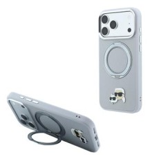 Karl Lagerfeld PU Grained K&CH Heads Ring Stand Magsafe series Back Case KLHMP18XPSRSKCHG priekš Apple iPhone 17 Pro Max / 18 Pro Max - Pelēks - mākslīgās ādas aizmugures apvalks / bampers-vāciņš
