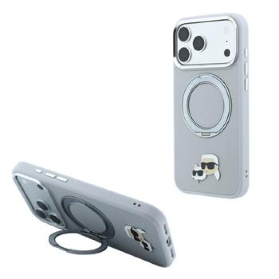 Karl Lagerfeld PU Grained K&CH Heads Ring Stand Magsafe series Back Case KLHMP18XPSRSKCHG priekš Apple iPhone 17 Pro Max / 18 Pro Max - Pelēks - mākslīgās ādas aizmugures apvalks / bampers-vāciņš