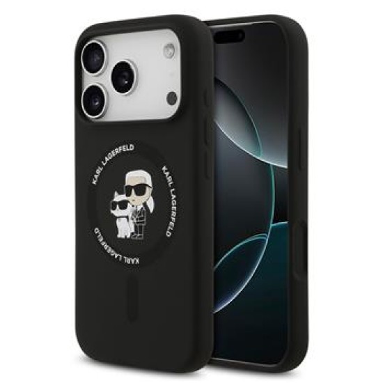 Karl Lagerfeld Liquid Silicone Karl and Choupette MagSafe series Back Case KLHMP18XSCMKCRHK priekš Apple iPhone 17 Pro Max / 18 Pro Max - Melns - silikona aizmugures apvalks / bampers-vāciņš