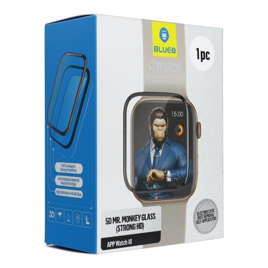 Mr. Monkey 5D Strong HD Full Glue Tempered Glass protector priekš Apple Watch 10 / 11 (46mm) - Melns - Ekrāna Aizsargstikls / Bruņota Stikla Aizsargplēve (Full screen size curved)