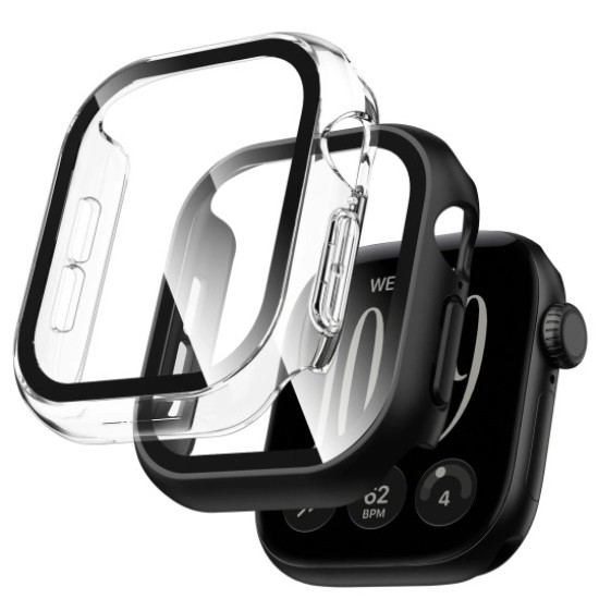 Tech-Protect Defense 360 Case with Tempered Glass priekš Apple Watch Series 12 (42mm) (2.gab) - Caurspīdīgs / Melns - plastikāta apvalks viedpulksteņiem ar aizsargstiklu