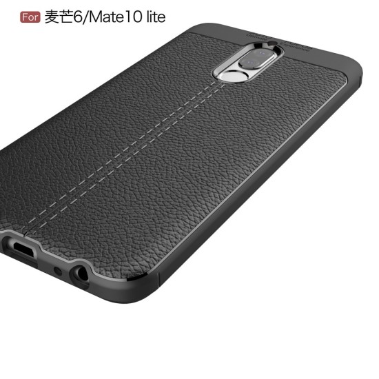 Litchi Skin PU Leather Coated TPU Mobile Phone Case for Huawei Mate 10 Lite - Black - ādas imitācijas triecienizturīgs silikona aizmugures apvalks (maciņš, bampers, vāciņš, slim cover, bumper, back case)