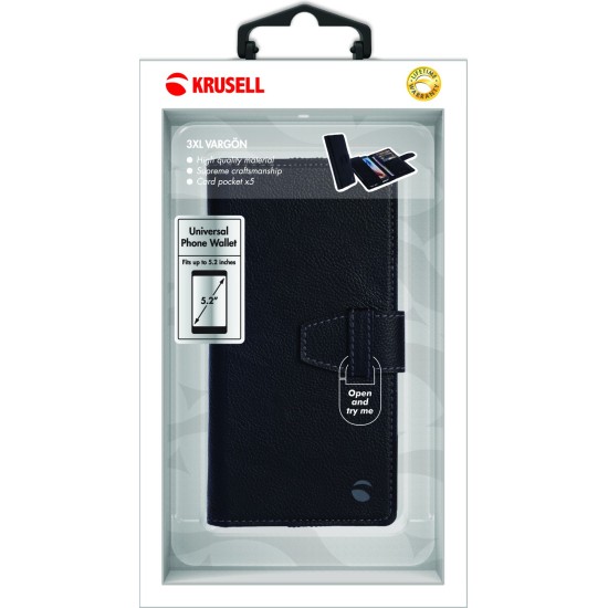 Krusell Vargön WalletCase 3XL Universal Leather Case priekš telefoniem 143 x 75 mm - Melns - universāls sāniski atverams maciņš ar stendu (ādas maks, grāmatiņa, leather book wallet cover stand)