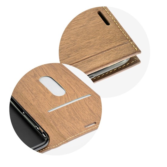 Forcell Wood Book Case priekš Huawei Y7 (2017) - Brūns - sāniski atverams maciņš ar stendu (ādas maks, grāmatiņa, leather book wallet case cover stand)