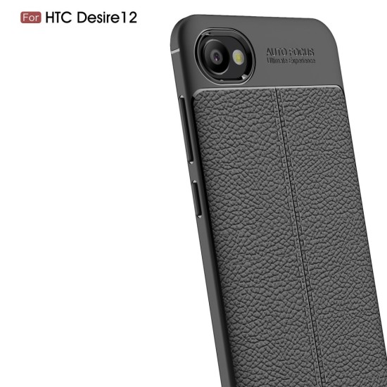 Litchi Skin PU Leather Coated TPU Mobile Phone Case priekš HTC Desire 12 - Black - ādas imitācijas triecienizturīgs silikona aizmugures apvalks (maciņš, bampers, vāciņš, slim cover, bumper, back case)