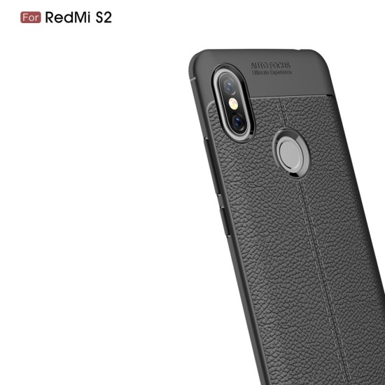 Litchi Skin PU Leather Coated TPU Mobile Phone Case priekš Xiaomi Redmi S2 - Melns - ādas imitācijas triecienizturīgs silikona aizmugures apvalks (maciņš, bampers, vāciņš, slim cover, bumper, back case)
