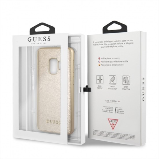 Guess Iridescent series Back Case GUHCS9IGLGO priekš Samsung Galaxy S9 G960 - Zelts - ādas apvalks (bampers, vāciņš, leather case cover, bumper)