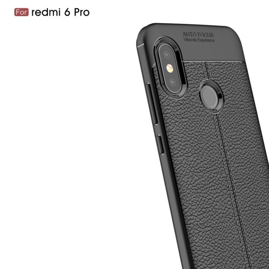 Litchi Skin PU Leather Coated TPU Mobile Phone Case for Xiaomi Mi A2 Lite / Redmi 6 Pro - Melns - ādas imitācijas triecienizturīgs silikona aizmugures apvalks (maciņš, bampers, vāciņš, slim cover, bumper, back case)