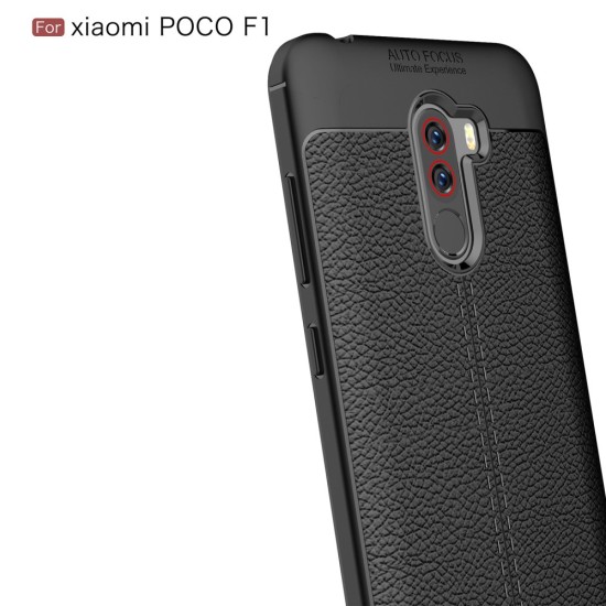 Litchi Skin PU Leather Coated TPU Mobile Phone Case for Xiaomi Pocophone F1 - Melns - ādas imitācijas triecienizturīgs silikona aizmugures apvalks (maciņš, bampers, vāciņš, slim cover, bumper, back case)