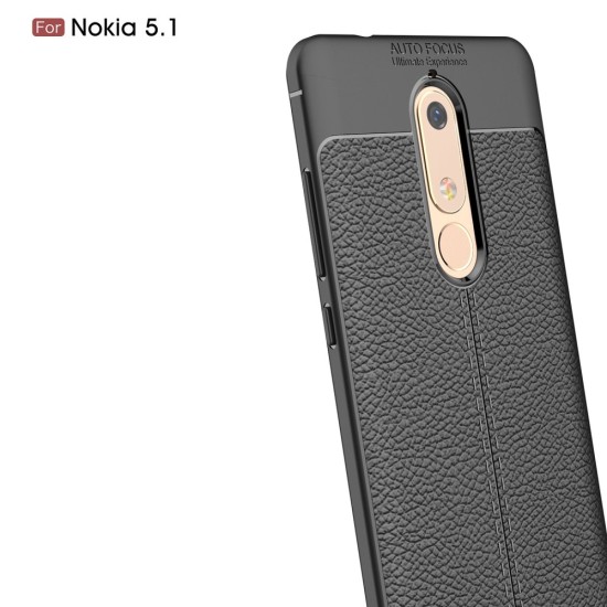 Litchi Skin PU Leather Coated TPU Mobile Phone Case for Nokia 5.1 (2018) - Melns - ādas imitācijas triecienizturīgs silikona aizmugures apvalks (maciņš, bampers, vāciņš, slim cover, bumper, back case)
