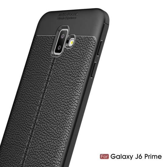 Litchi Skin PU Leather Coated TPU Mobile Phone Case for Samsung Galaxy J6 Plus (2018) J610 - Melns - ādas imitācijas triecienizturīgs silikona aizmugures apvalks (maciņš, bampers, vāciņš, slim cover, bumper, back case)